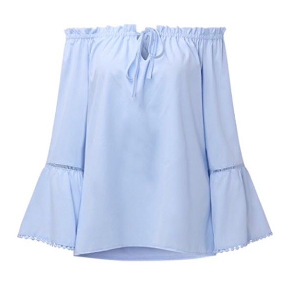 Off Shoulder Bell Sleeve Crochet Trim Ruffle Top - Picture 6 of 7